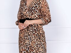 Rochie tip creion cu print leopard si curea in talie